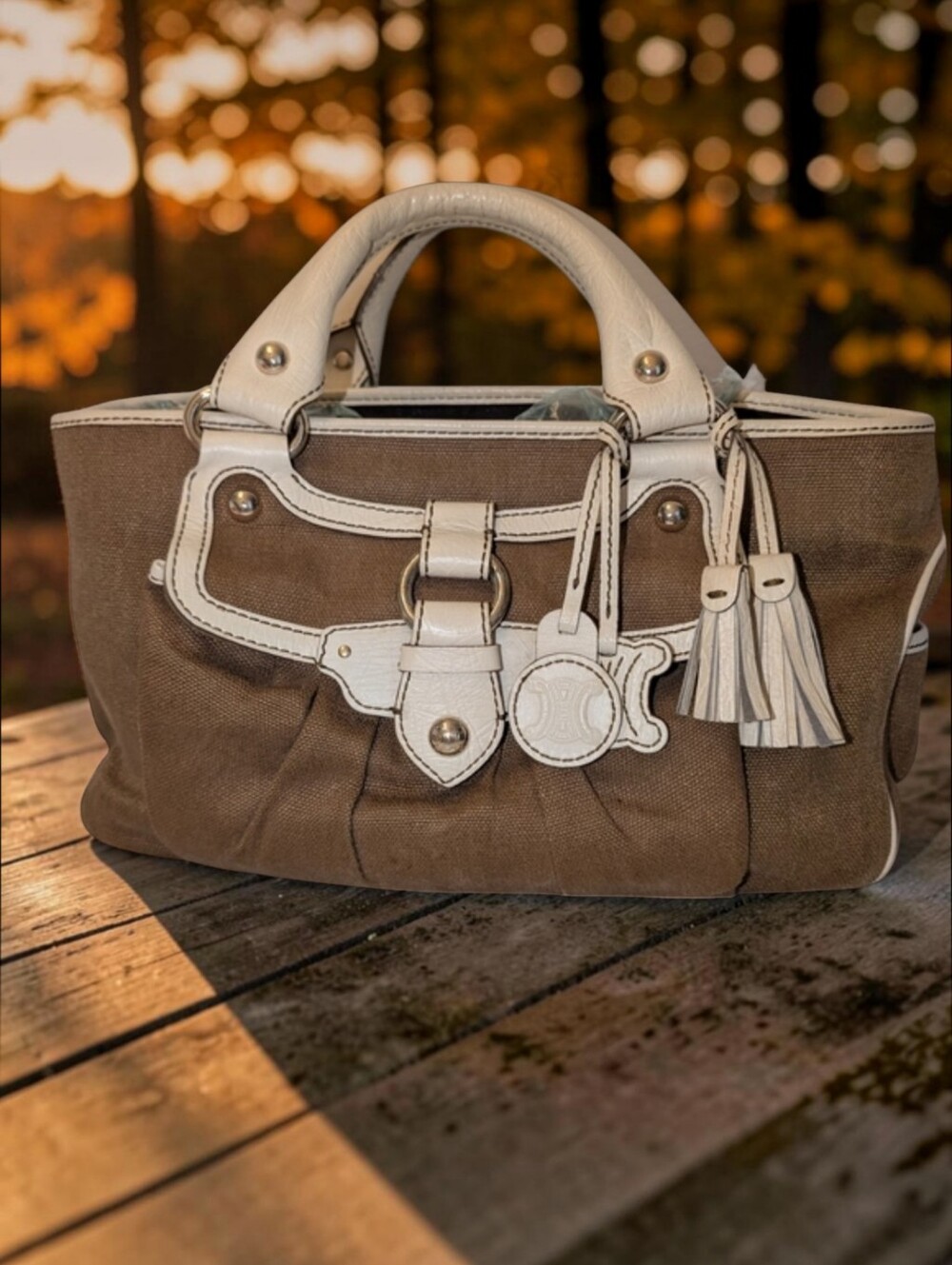 Celine Vintage Boogie Bag Brown Canvas Leather Top Handle Satchel